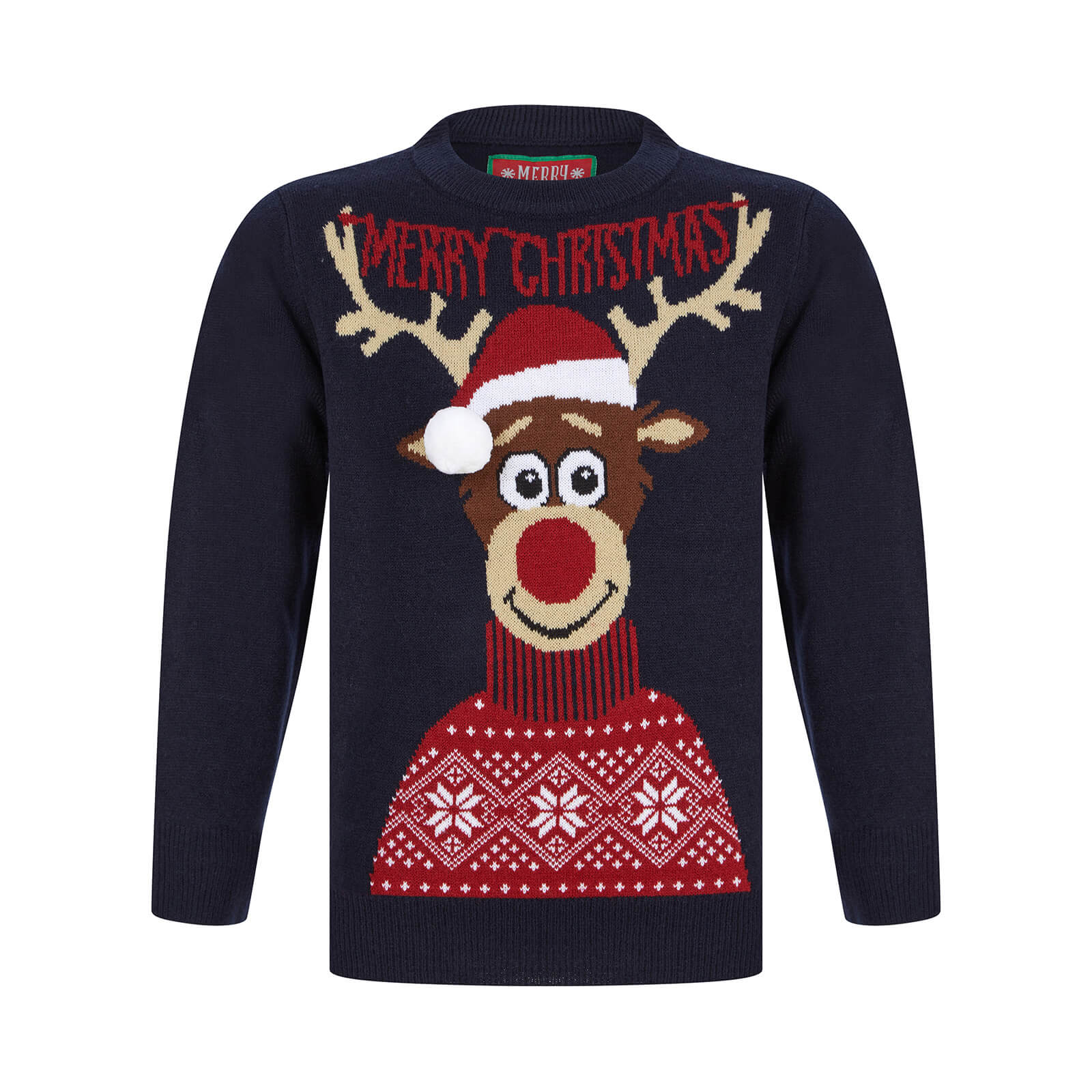 Mr Crimbo Kids Merry Christmas Antlers Reindeer Xmas Jumper - MrCrimbo.co.uk -SRG2A189901_F - Ink -11-13 years
